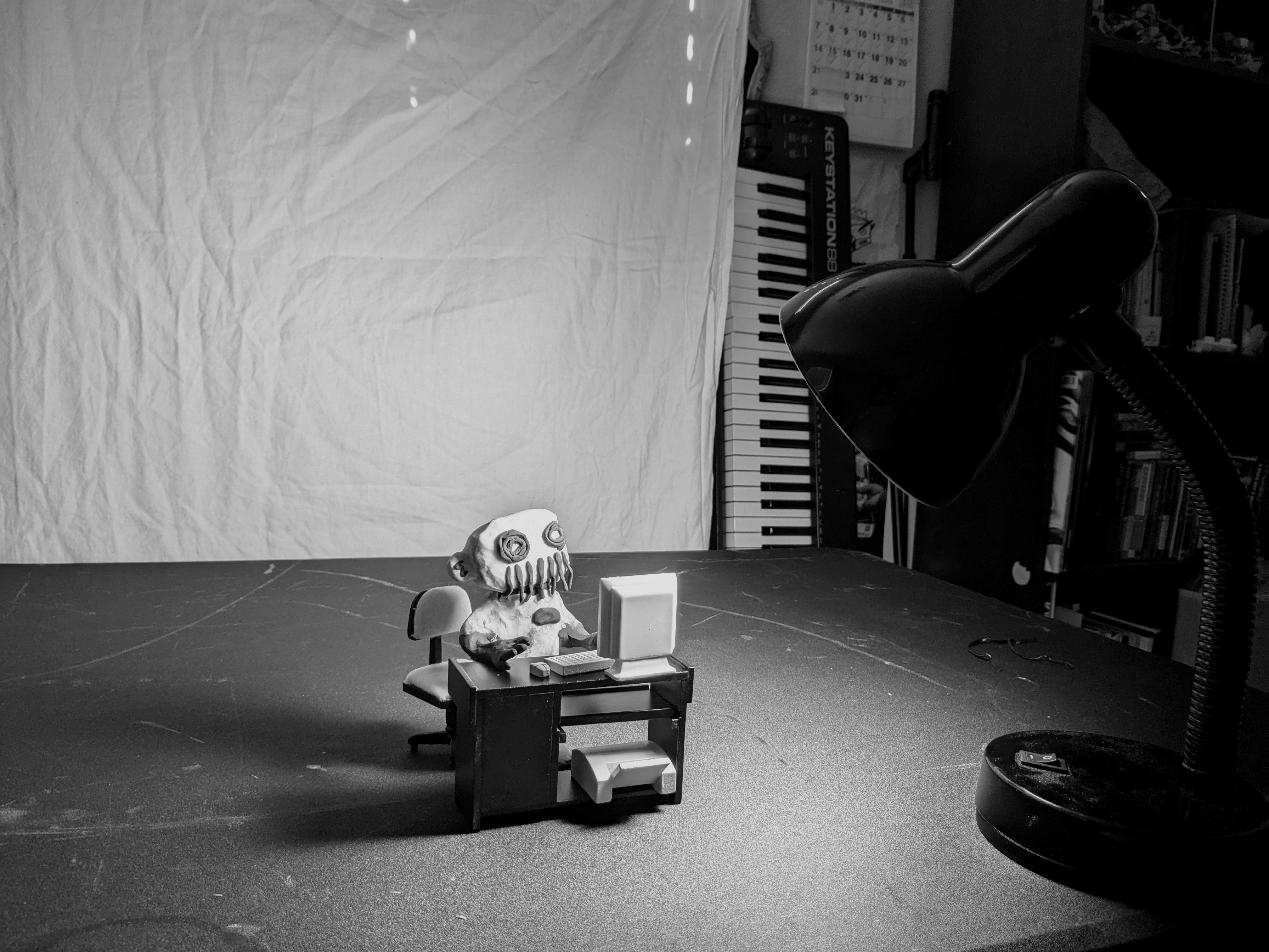 Early photo shoot with an early prototype of the puppet